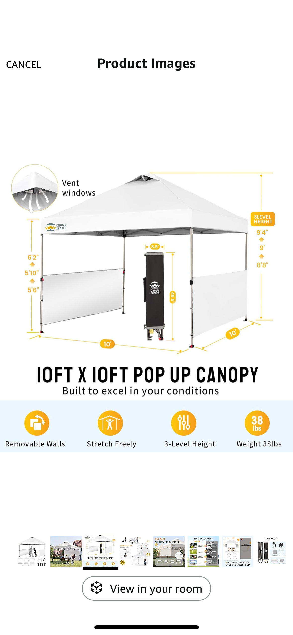 NEW – CROWN SHADES 10’ x 10’ White Pop-Up Canopy Tent with Sidewalls & Carry Bag