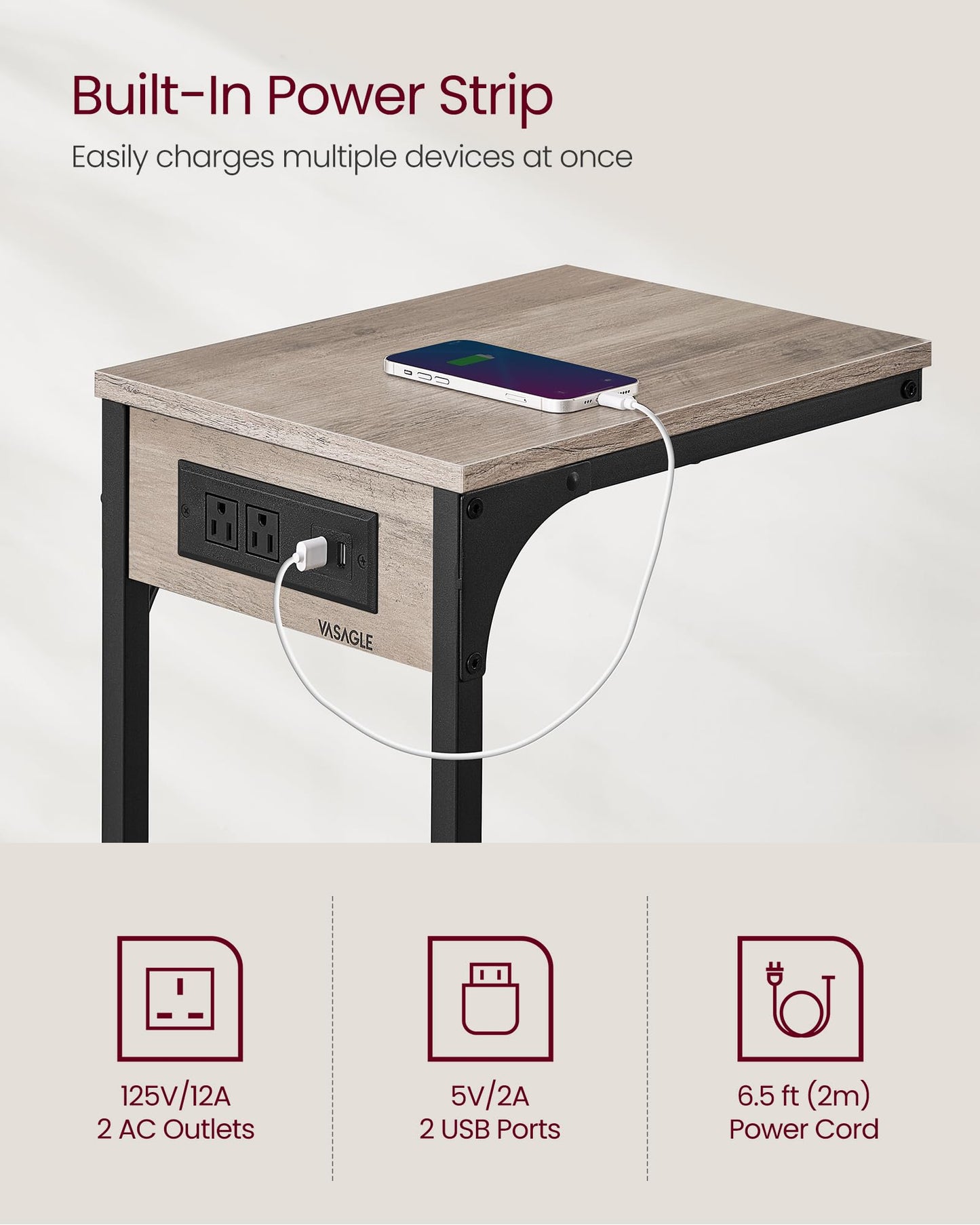 VASAGLE C-Shaped Side Table with Charging Station