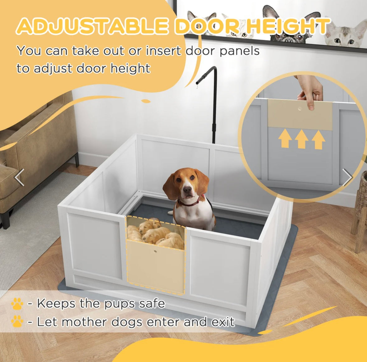 PawHut Whelping Box for Dogs – Adjustable Door, Pig Rail & Non-Slip Pads | Secure Puppy Birthing & Nursing Pen