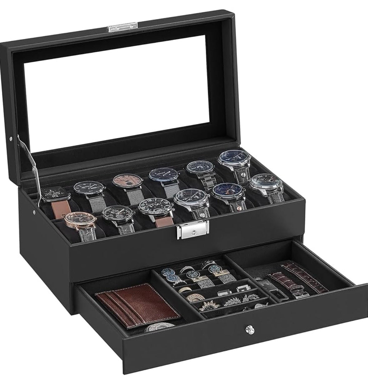SONGMICS 12-Slot Watch Box Organizer with Glass Lid – Black