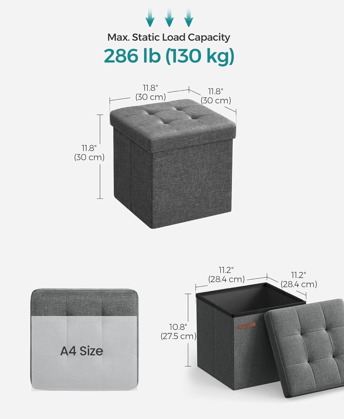 SONGMICS Foldable Storage Ottoman Cube – Dark Gray