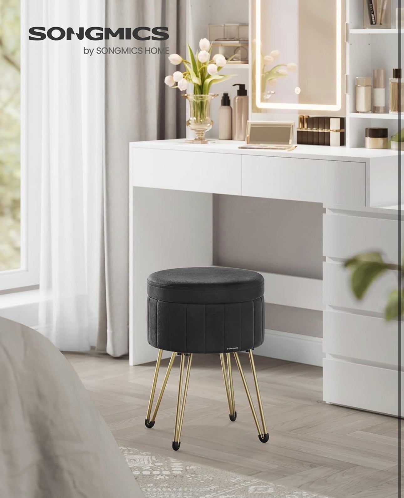 SONGMICS Velvet Round Storage Ottoman