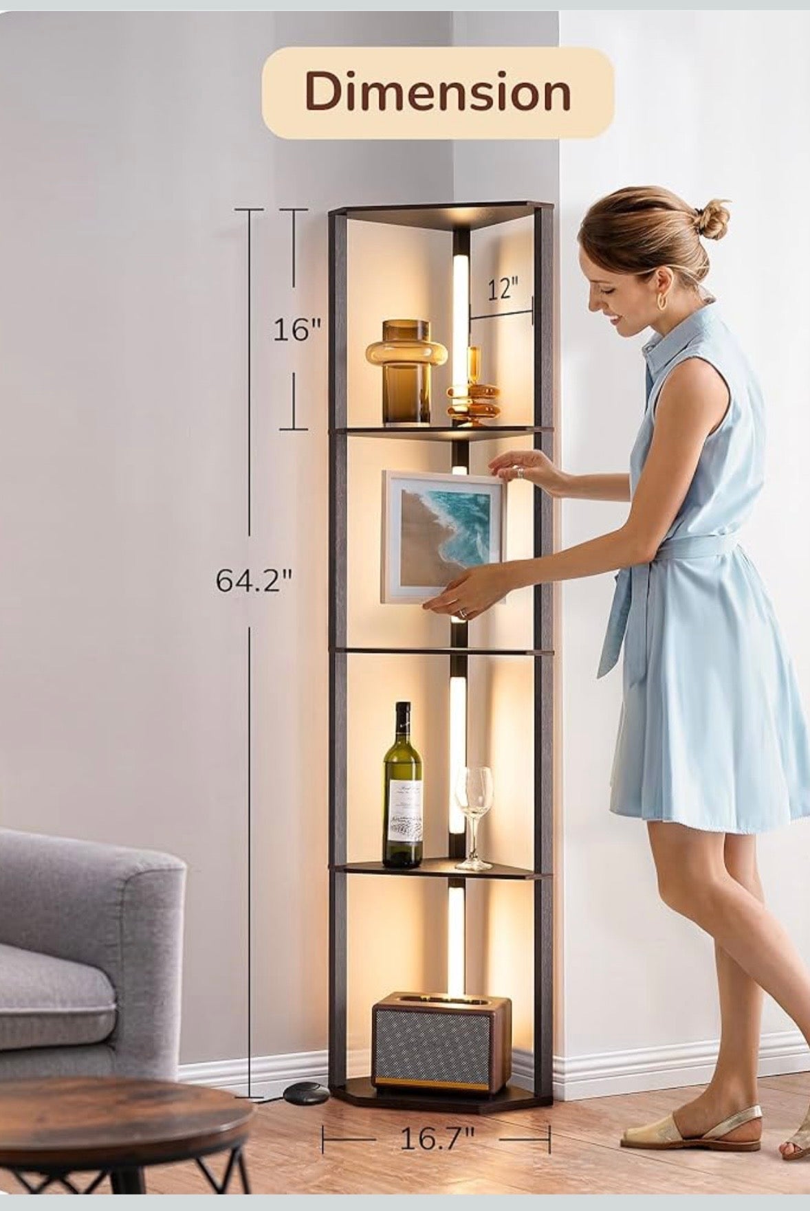 Modern LED Corner Floor Lamp with 4-Tier Shelves