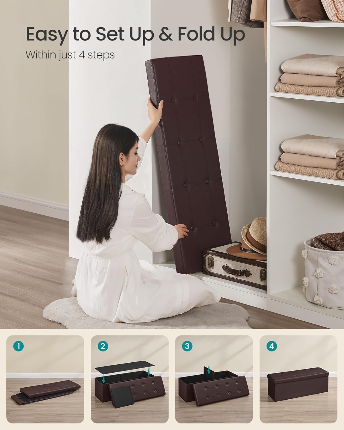 SONGMICS Folding Storage Ottoman Bench – Brown