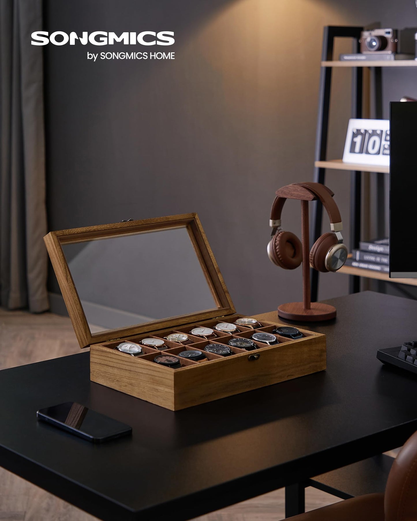 SONGMICS 12-Slot Wooden Watch Box – Rustic Walnut