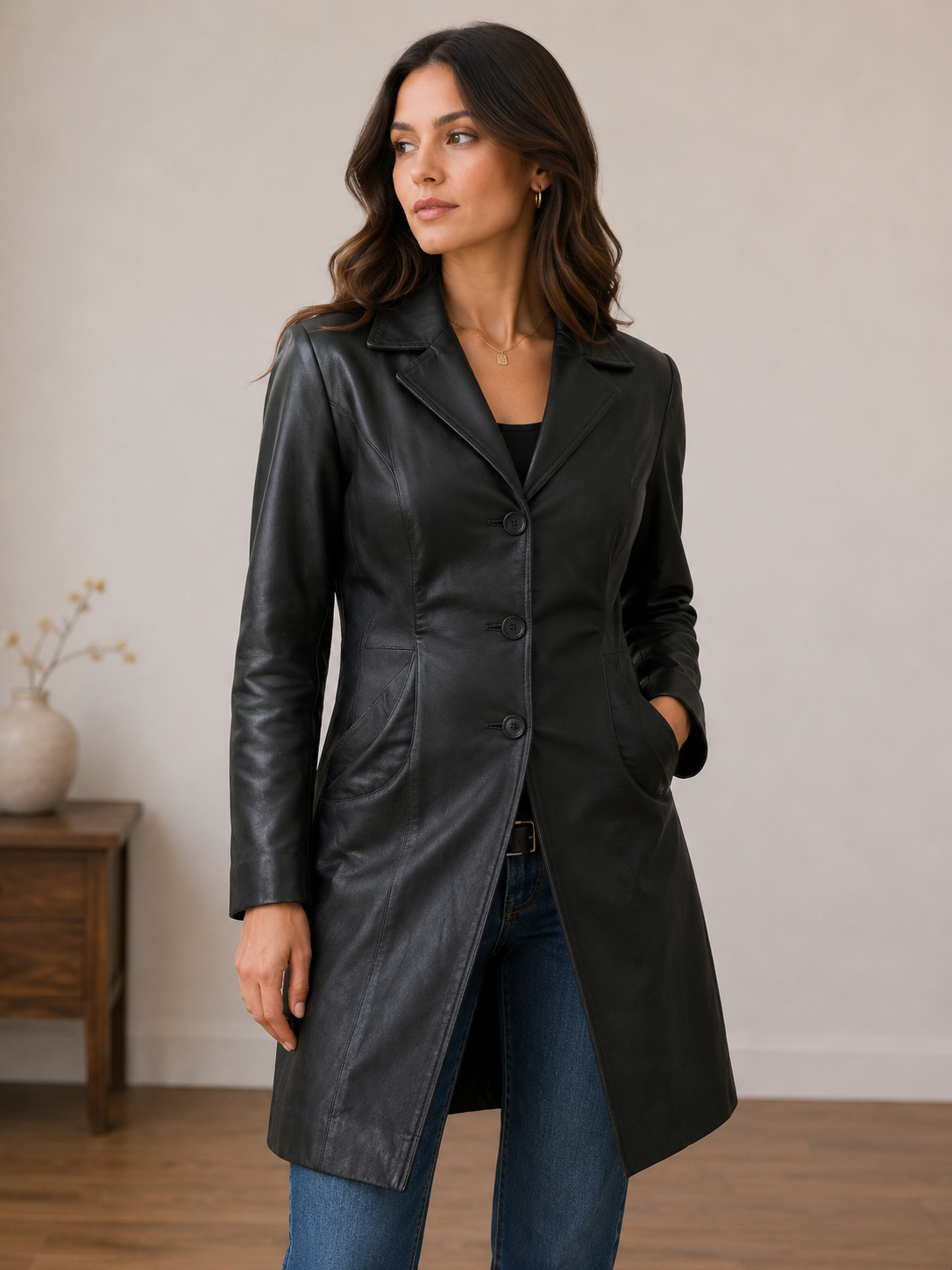 Women’s Longline Leather Jacket - Large