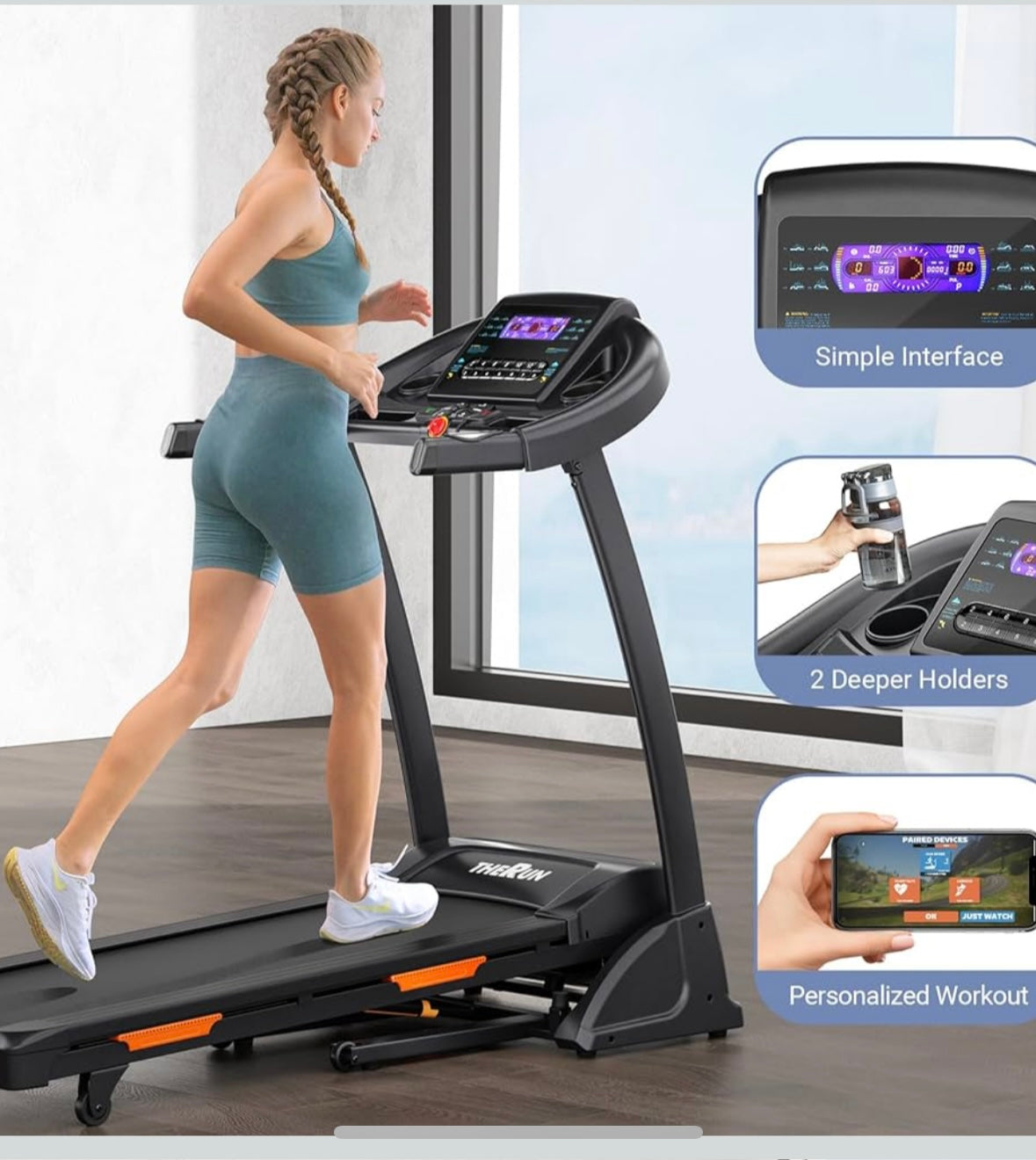 THERUN Foldable Auto Incline Treadmill – 3.5 HP Bluetooth Home Treadmill