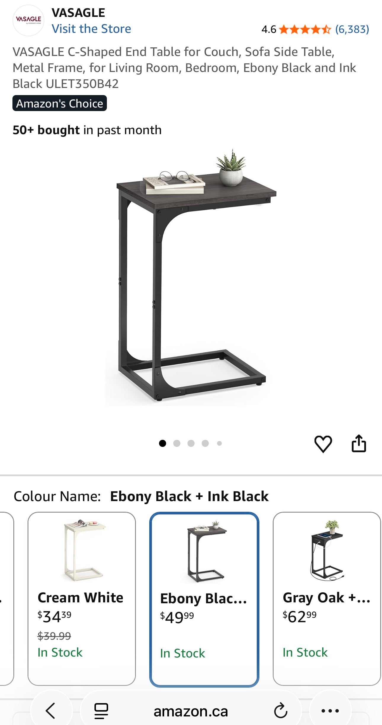 VASAGLE C-Shaped Side Table – Ebony Black