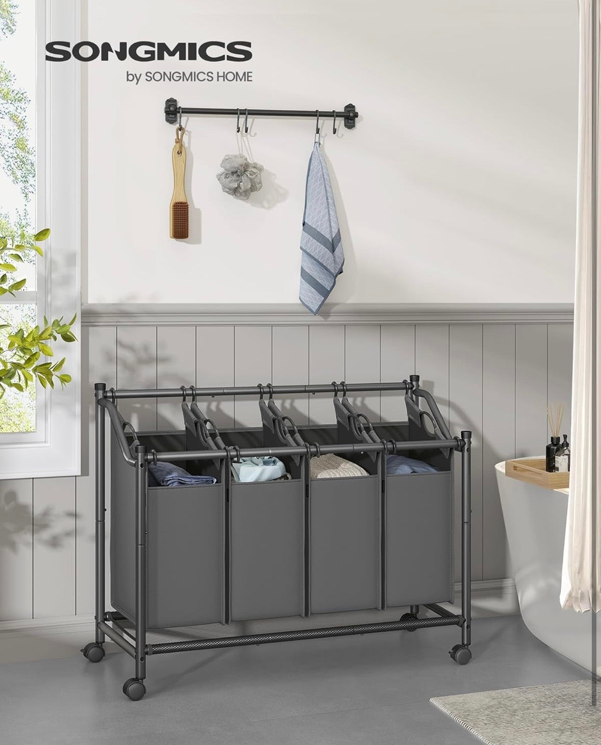 SONGMICS 4-Section Rolling Laundry Sorter – Large Capacity