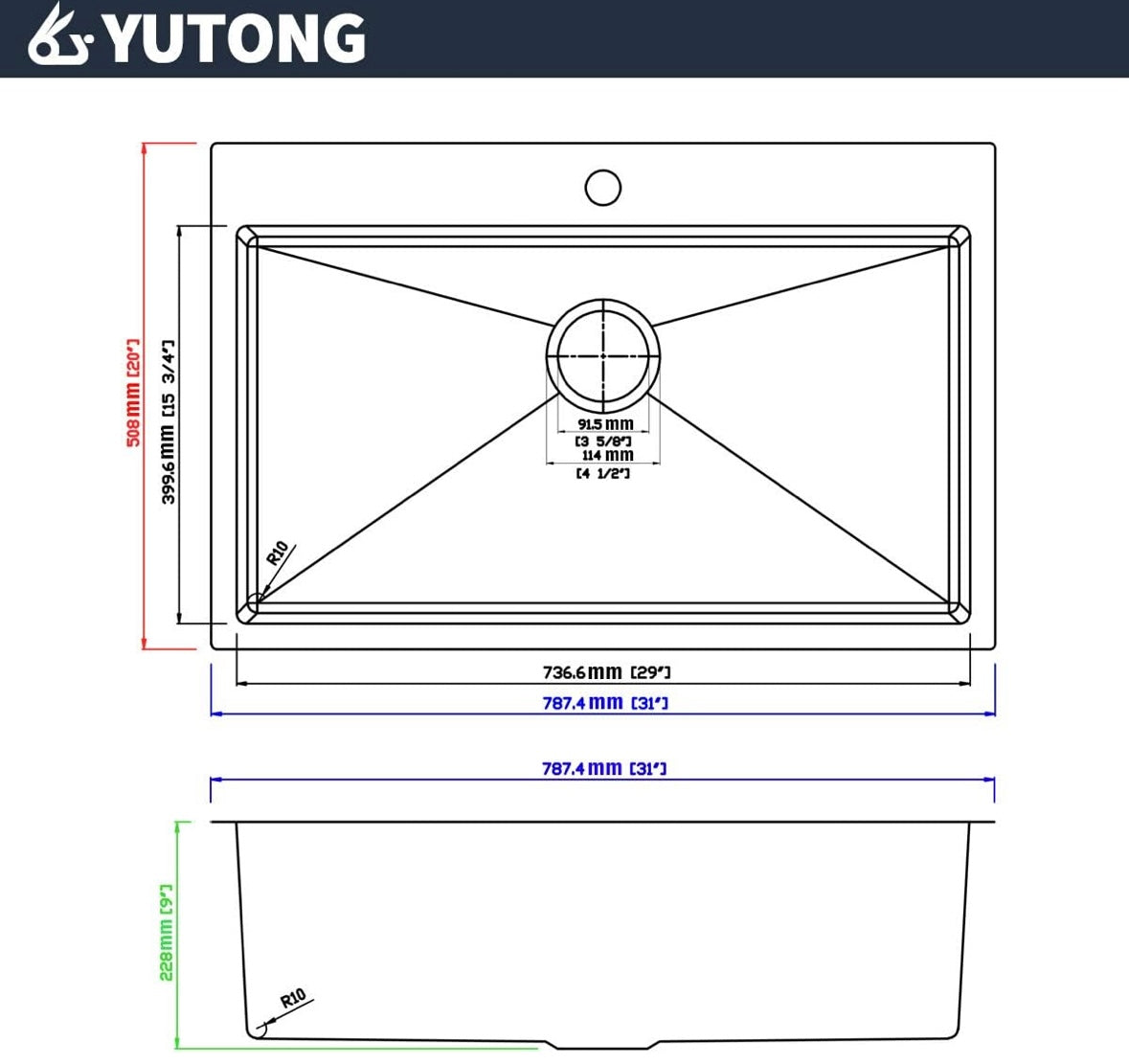Yutong 31” × 20” Top-Mount / Drop-In Kitchen Sink – 18 Gauge SS304 Stainless Steel | Single Bowl