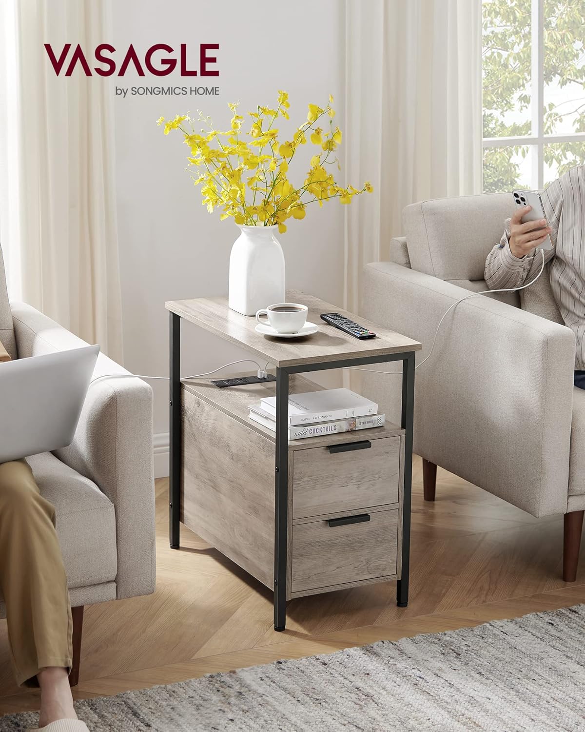 VASAGLE Narrow Side Table with Charging Station – Greige + Black
