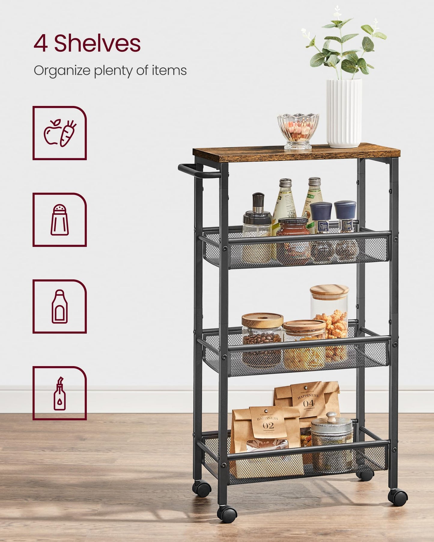 VASAGLE 4-Tier Slim Rolling Storage Cart