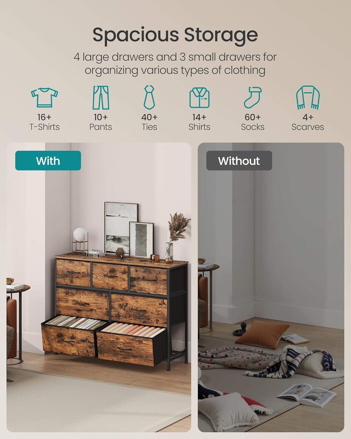 7-Drawer Fabric Dresser Storage Organizer – Rustic Brown & Ink Black