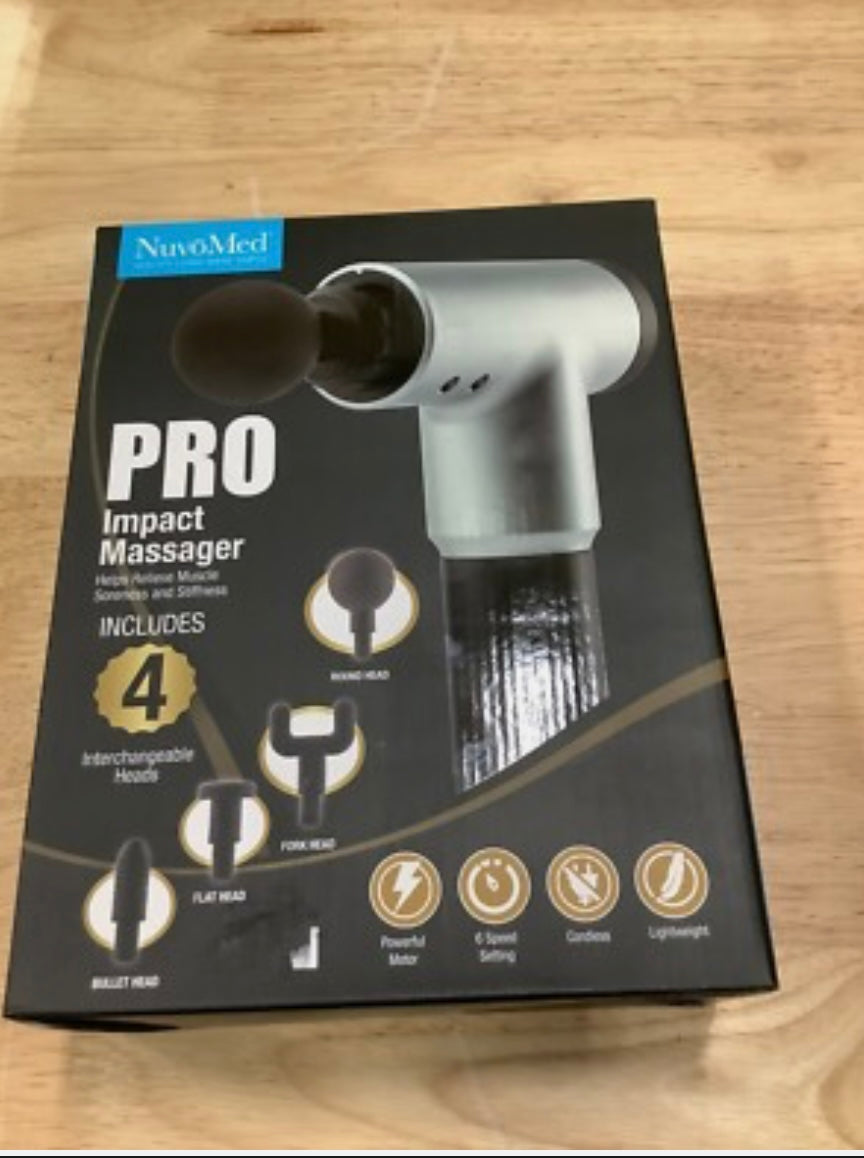 NuvoMed Pro Impact Massager – 6 Power Levels | 4 Attachments | Rechargeable Cordless Therapy Gun