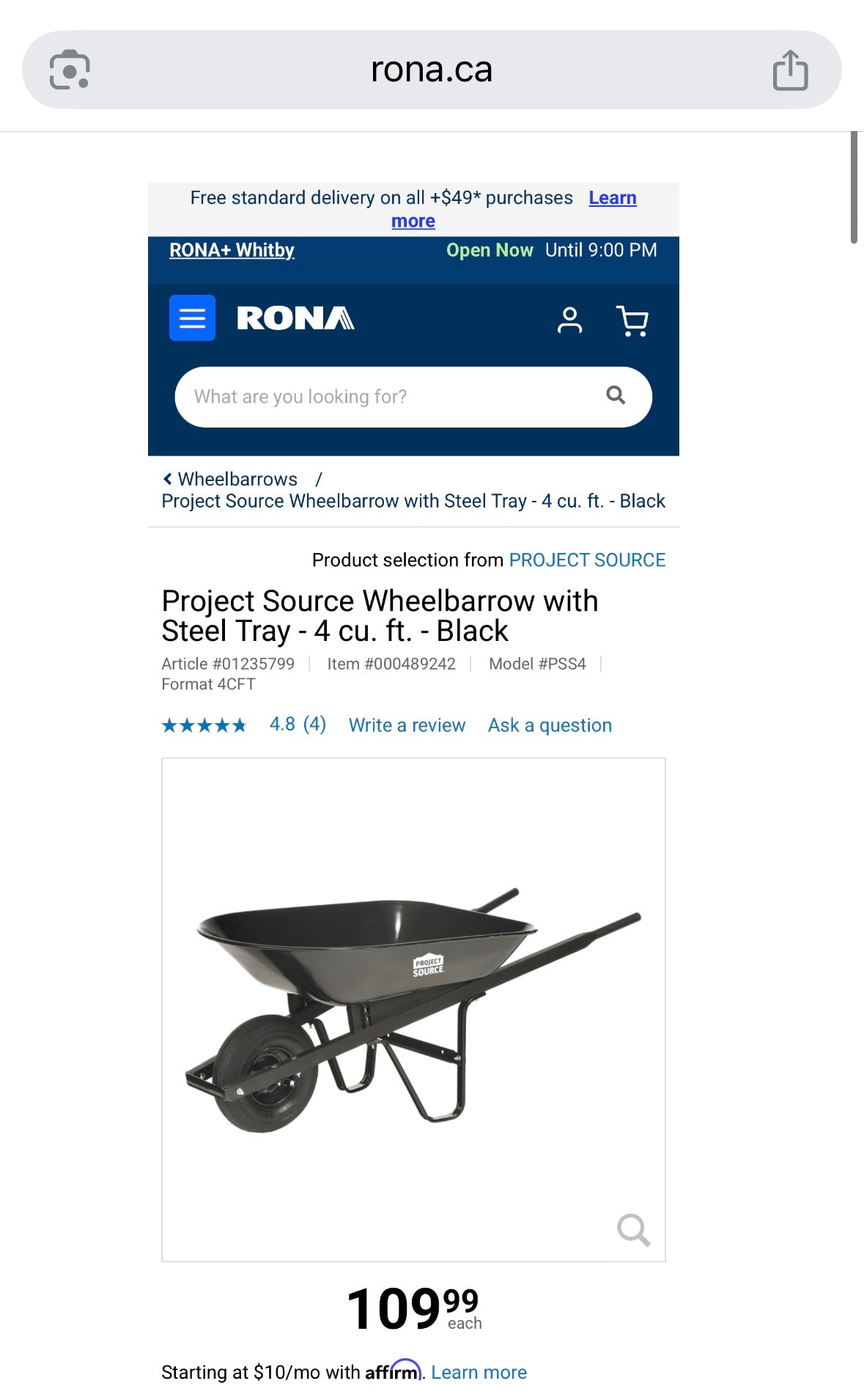 Project Source 4 cu ft Steel Wheelbarrow (Black) — Brand New