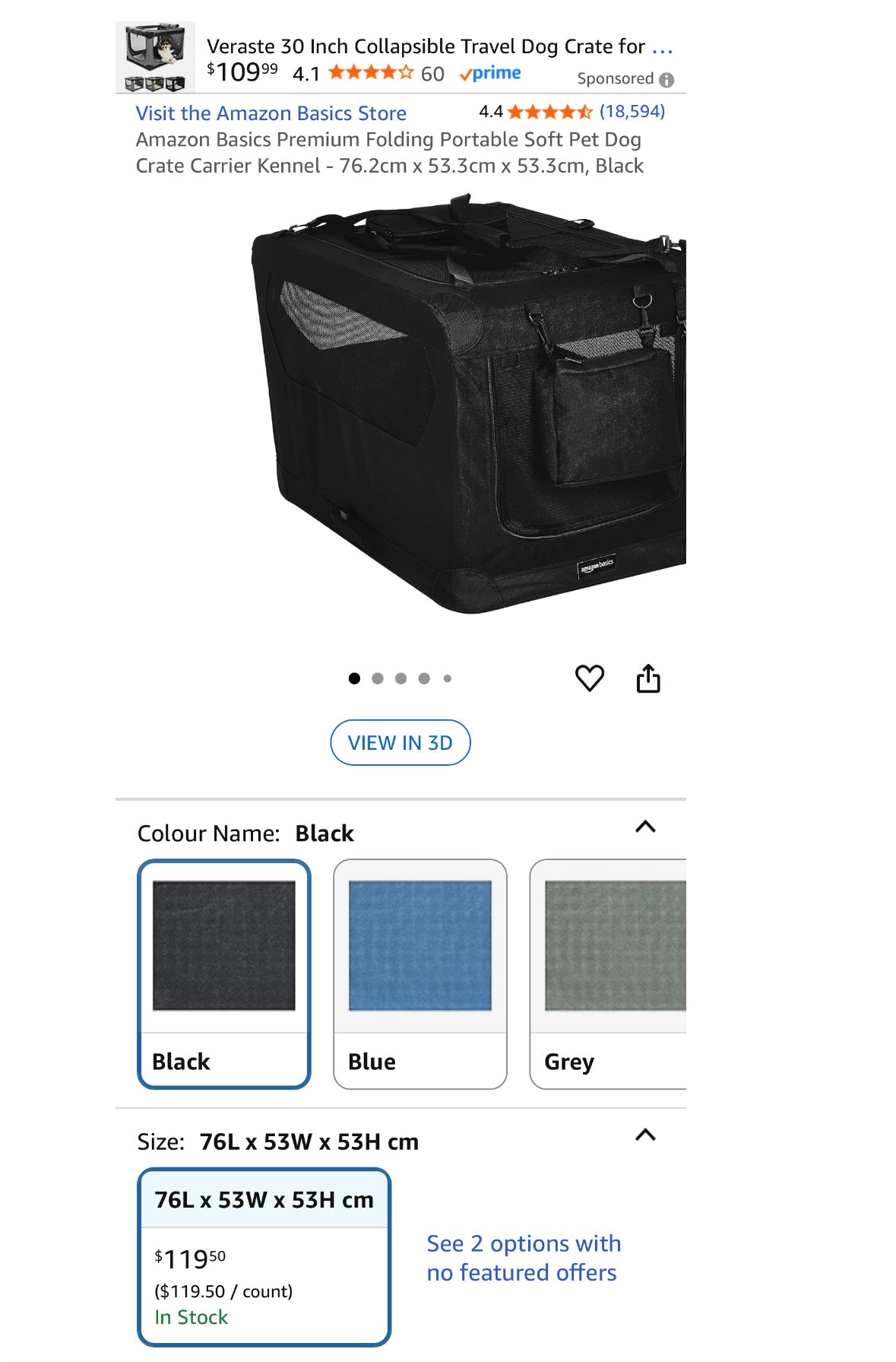 Amazon Basics Premium Folding Portable Soft Pet Dog Crate – 30 Inch (76L x 53W x 53H cm) – Black