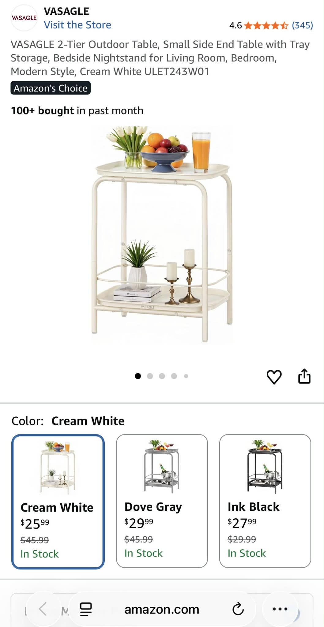 VASAGLE 2-Tier Metal Side Table – Cream White