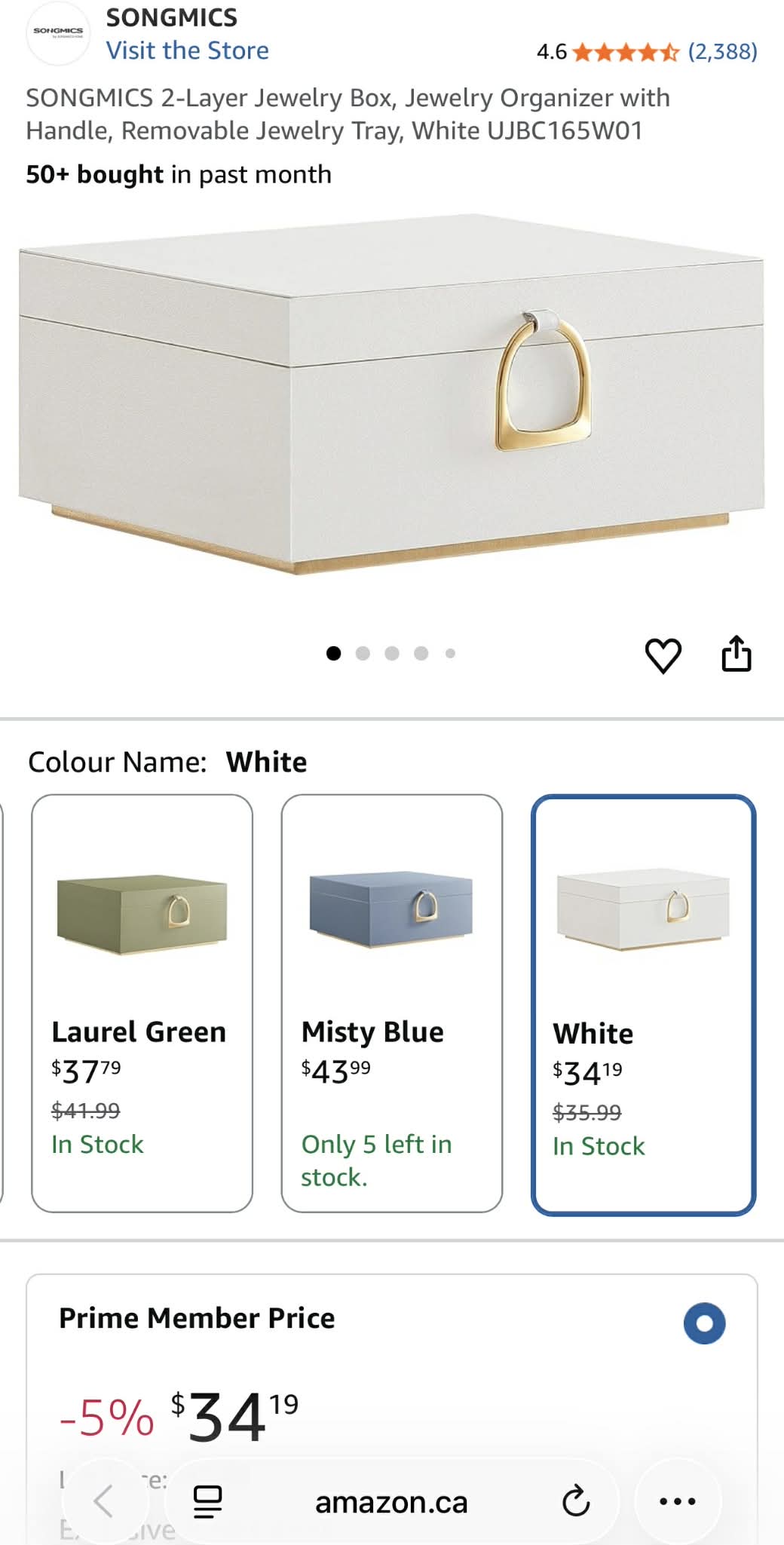 SONGMICS Elegant Jewelry Box Organizer – White & Gold